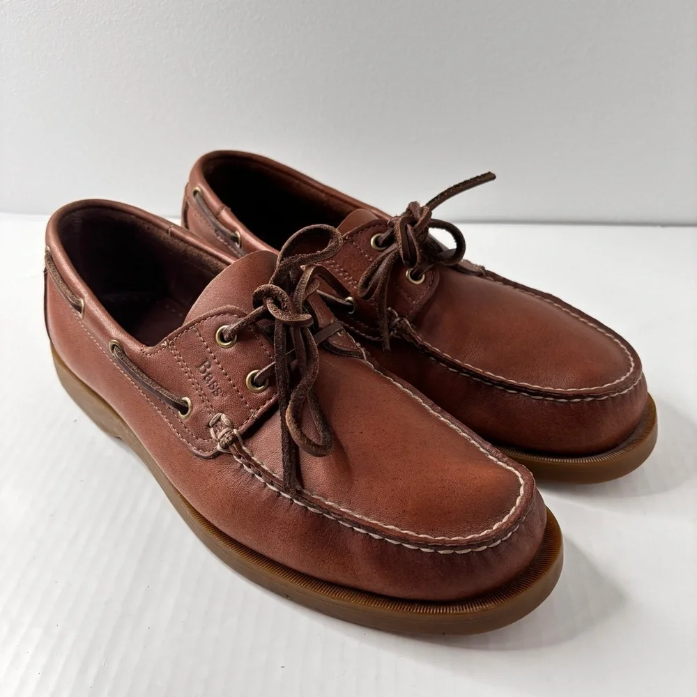 Bass Mens Seafarer Boat Shoe Size 9.5 Moc-Toe Brown Leather Rawhide Lace Preppy